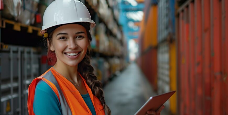 Confident Young Woman in Industrial Safety Attire with Tablet